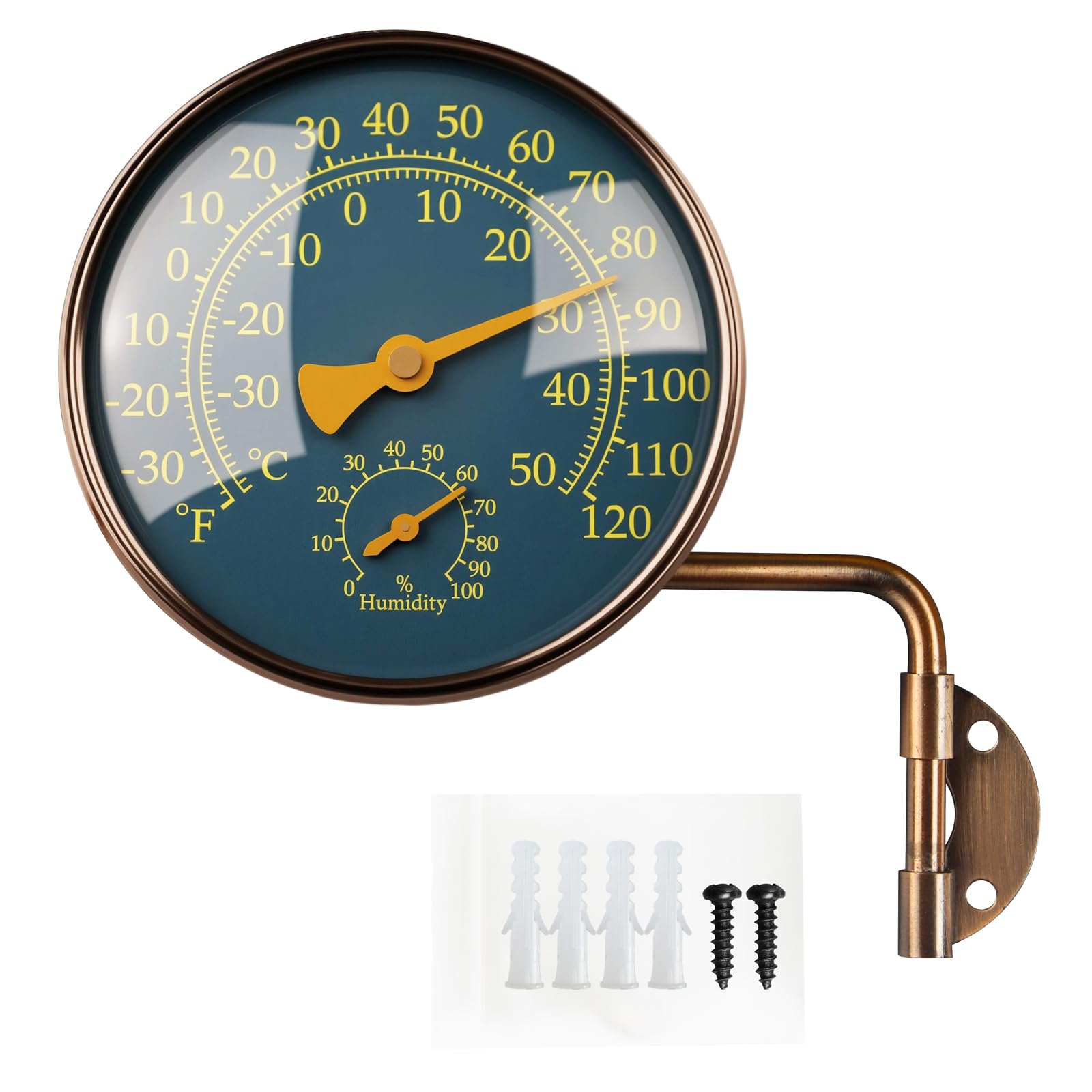 Foxyoo front view brass dial showing temperature and humidity, clear reading benefit