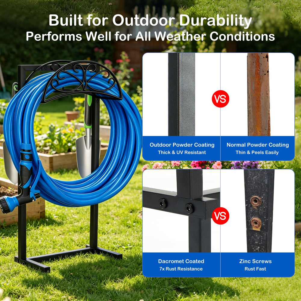 FOYUEE holder next to coiled hose showing size and 160 ft capacity