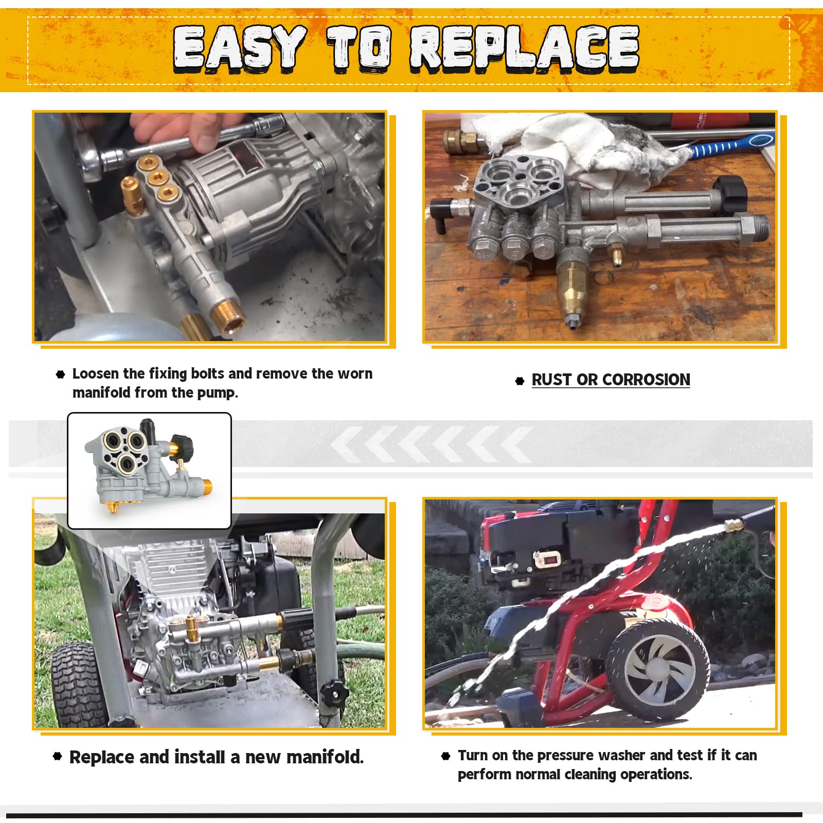 FQRANBO manifold mounted on a pressure washer pump demonstrating easy swap-in benefit