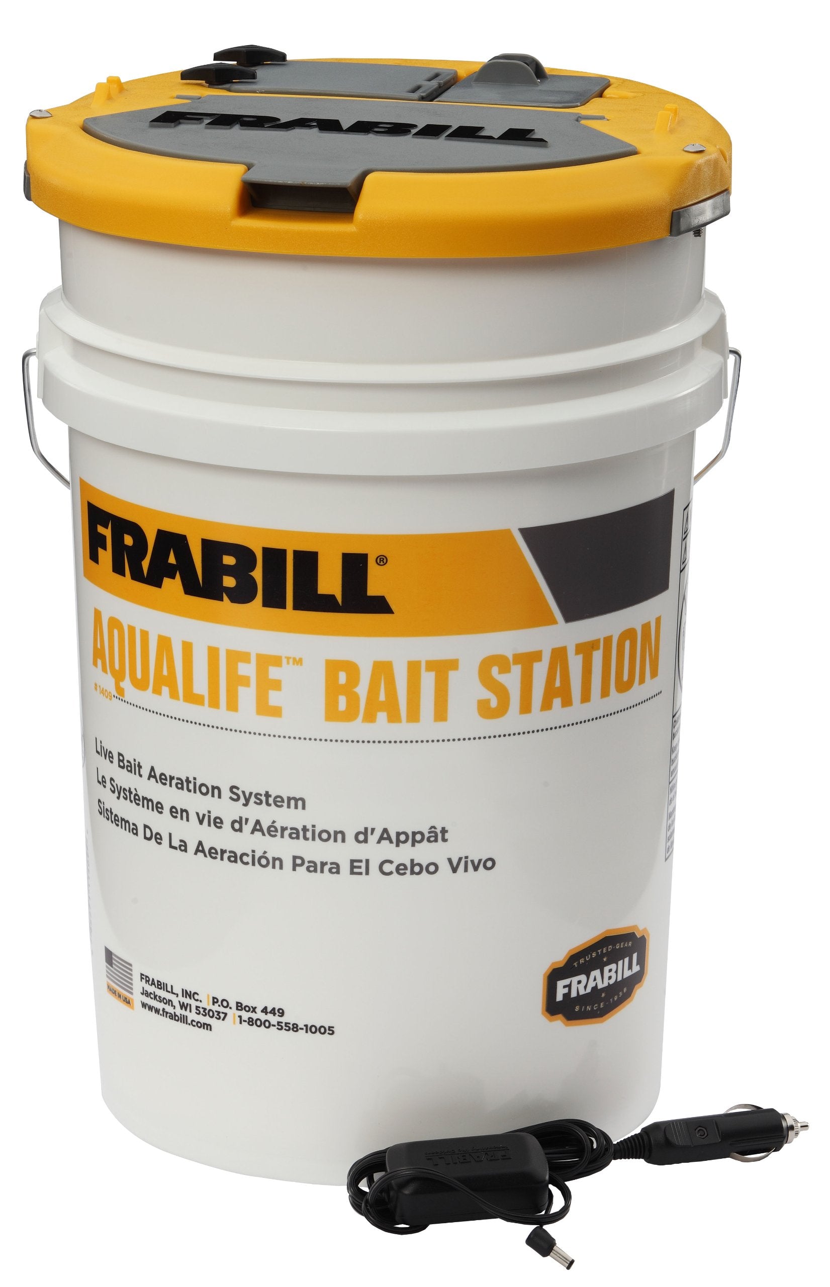 FRABILL front view of bait station showing compact, portable design and storage benefit