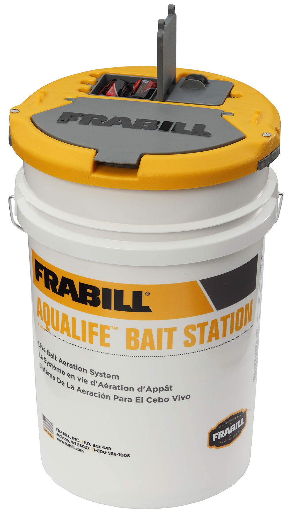 FRABILL bait station held in hand to show scale and easy transport benefit