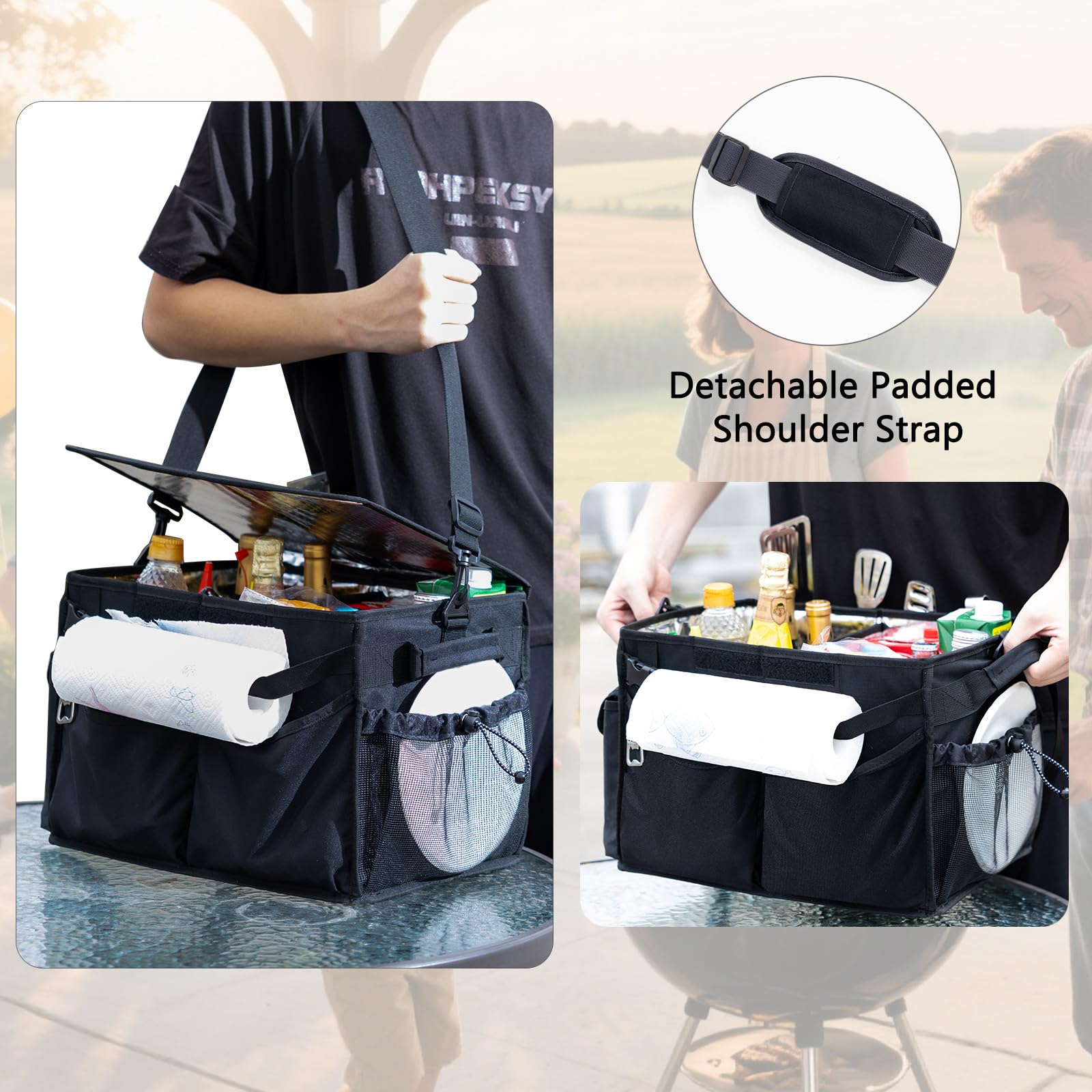 FRECOLSH filled with plates, condiments, and tools demonstrating portable use