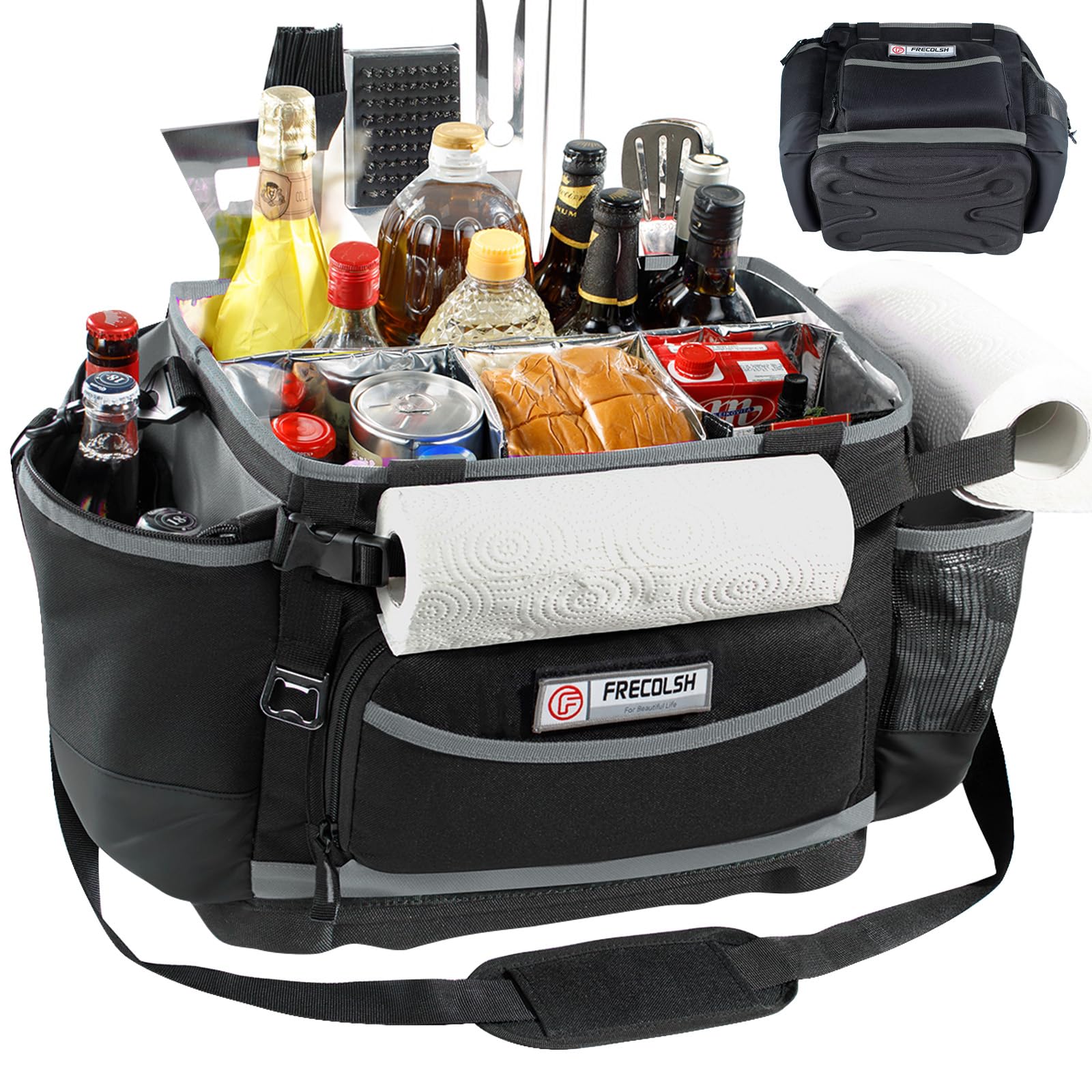 FRECOLSH front view of grill caddy showing pockets and handles, organized for easy transport