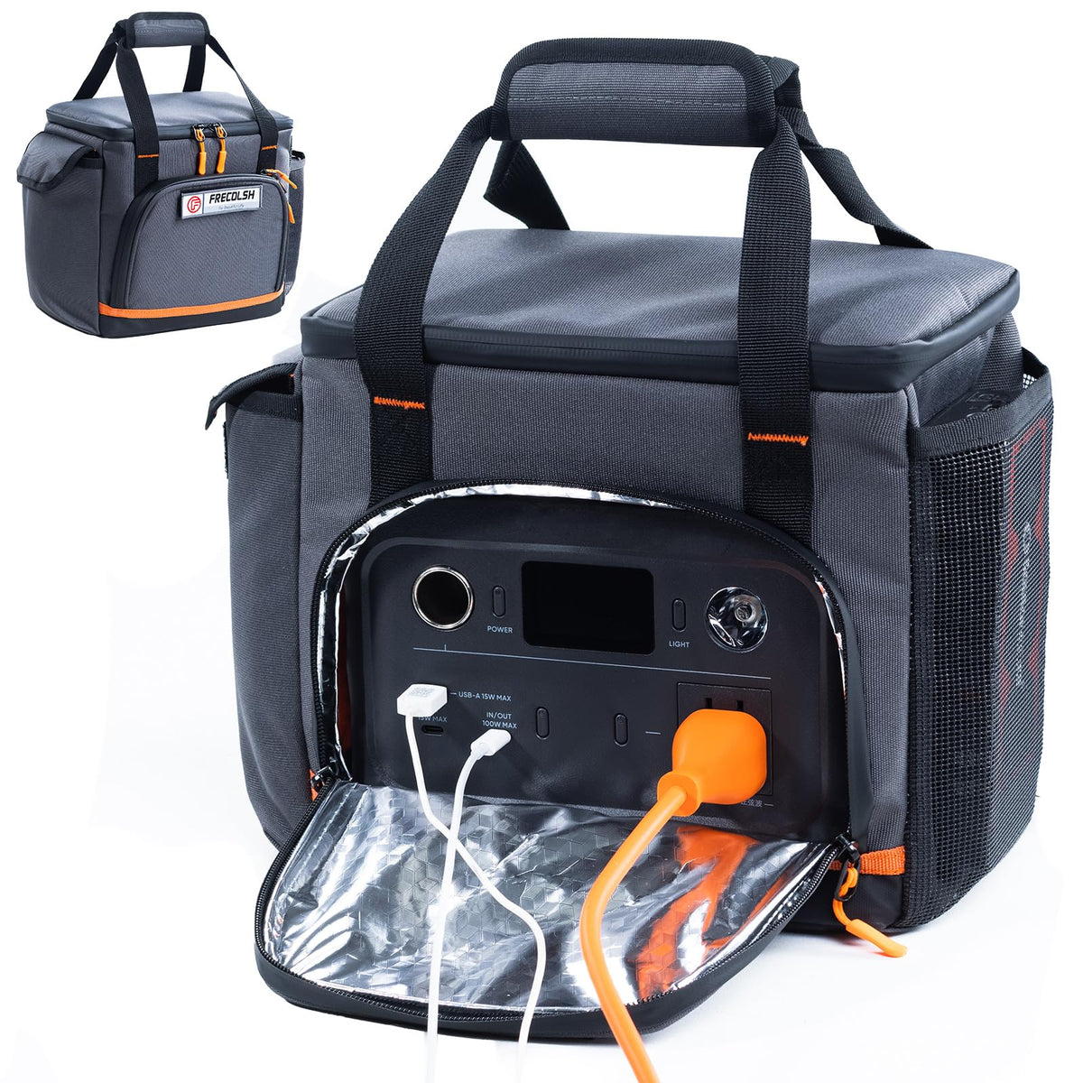 FRECOLSH front view with Jackery inside showing organized protection