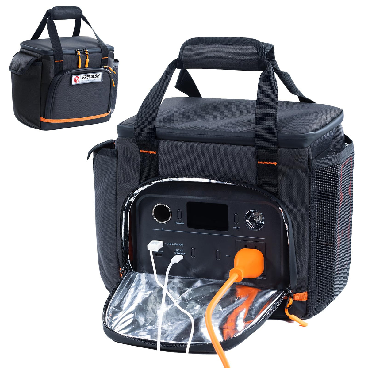 FRECOLSH front view with Jackery Explorer showing protective fit and easy transport