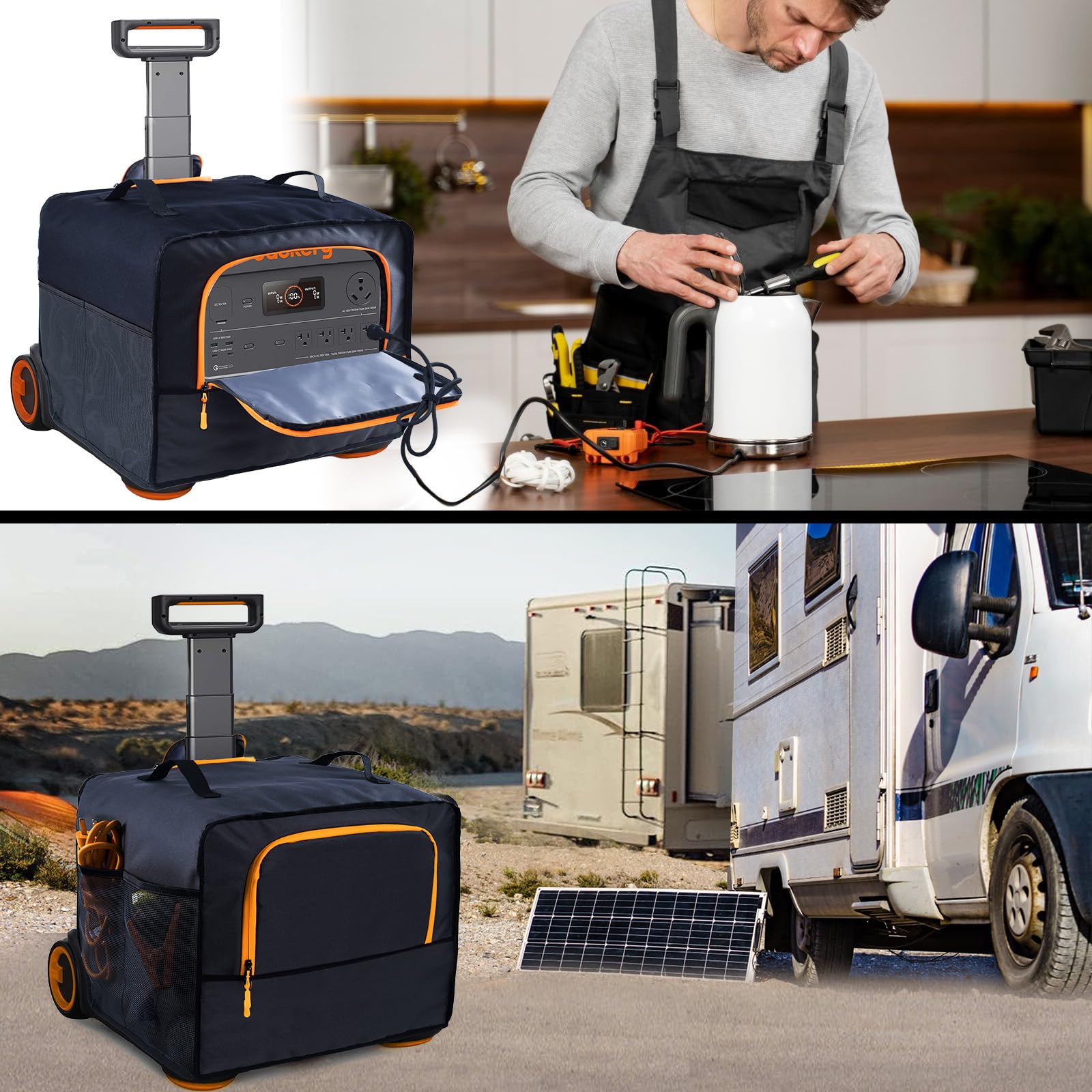 FRECOLSH cover in use at a campsite protecting Jackery while charging solar panels