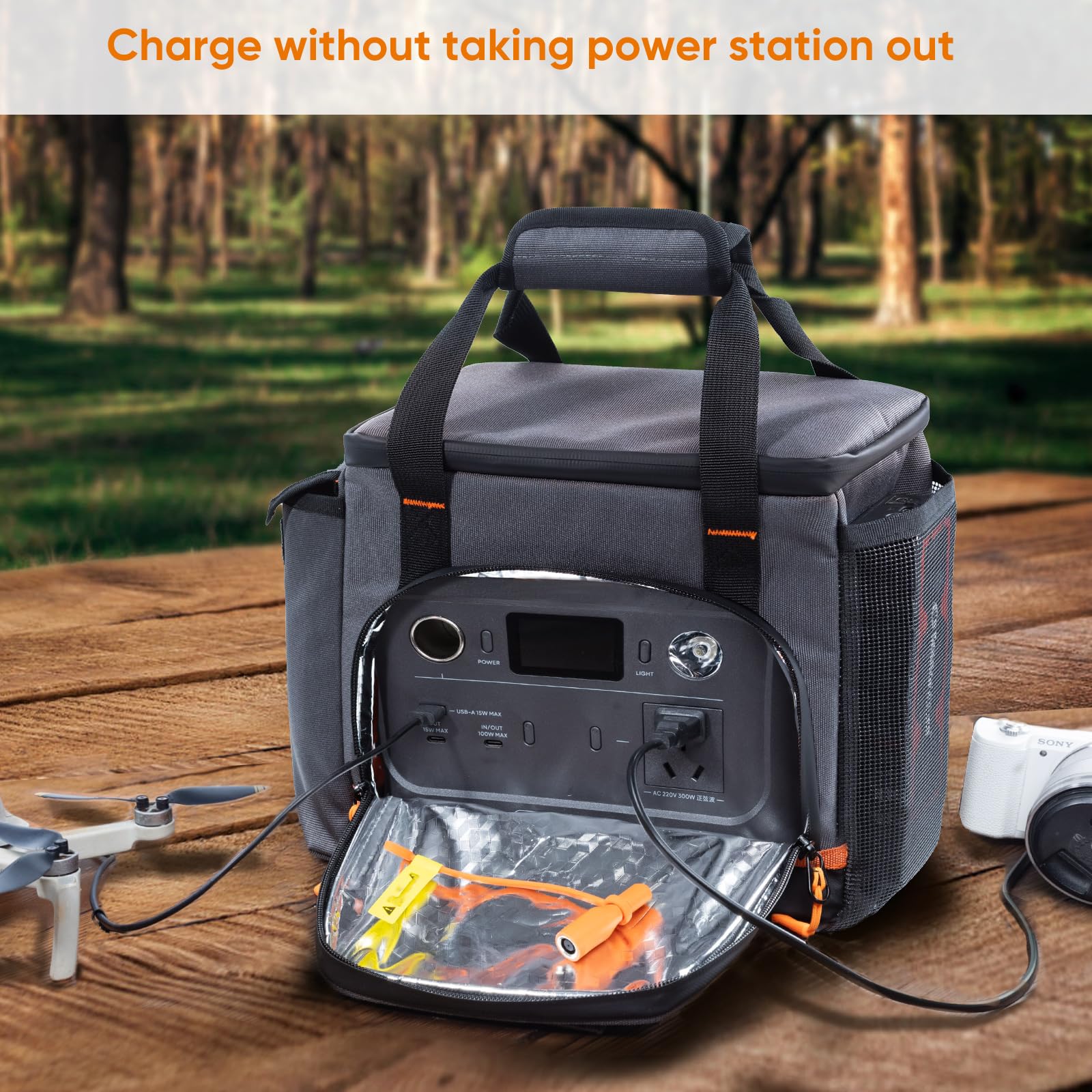 FRECOLSH in use on outdoor bench keeping Jackery safe while charging