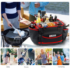 FRECOLSH tote in a tailgate scene carrying utensils and chilled beverages for convenience