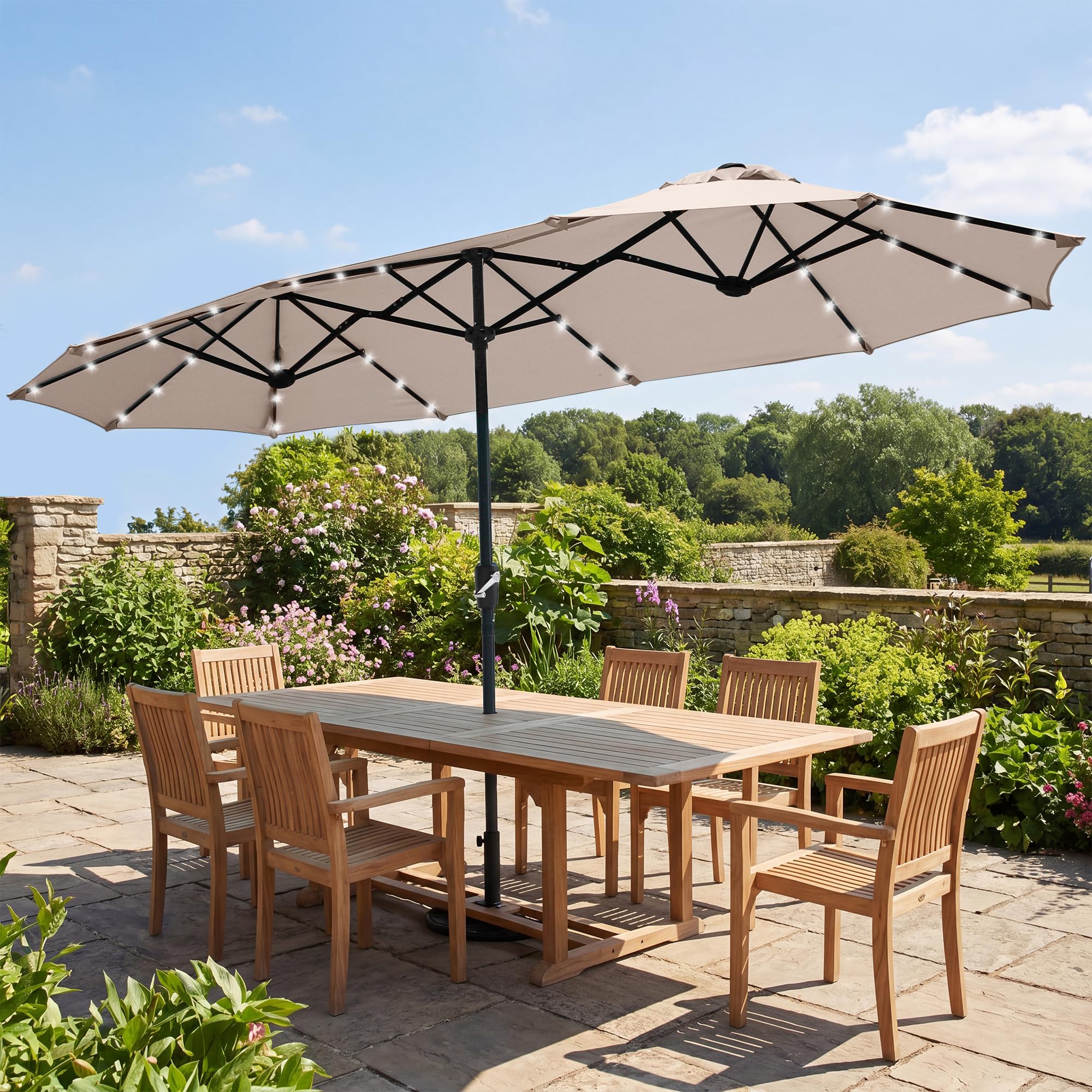 FREE SOLDIER front view of beige umbrella showing full coverage and curb appeal