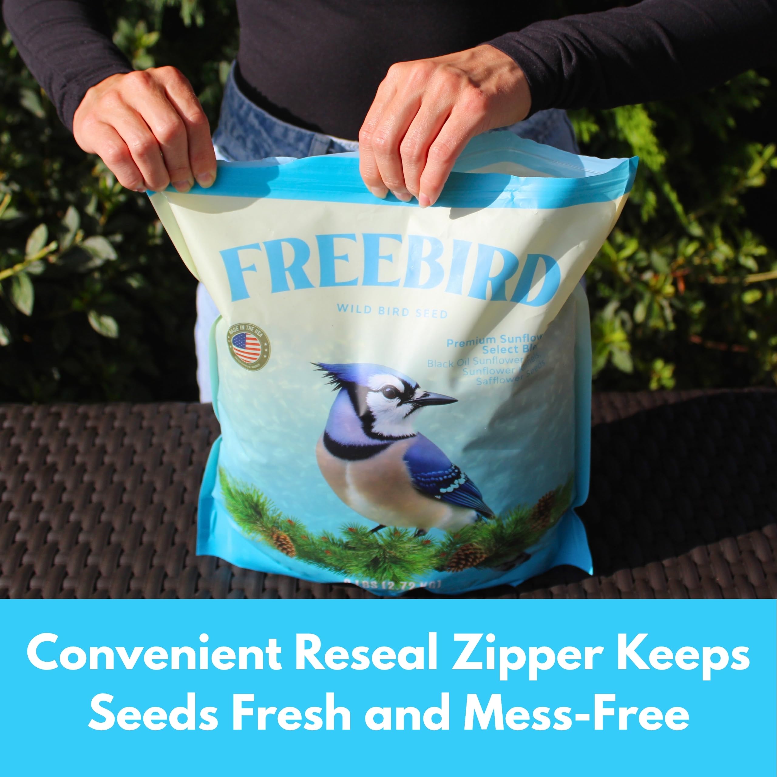 FREEBIRD resealable zip closure detail ensuring longer seed freshness and storage
