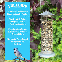 FREEBIRD seed poured into a hopper feeder demonstrating ease of use and access