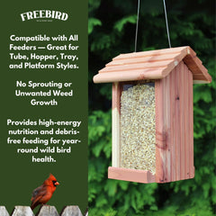 FREEBIRD seed poured into a hopper feeder demonstrating tidy, shell-free feeding
