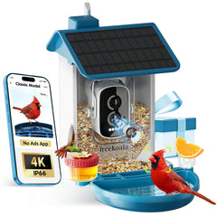 FreeKoala front view of blue feeder showing camera and tray, clear bird visibility