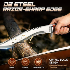 Freelander kukri blade closeup showing D2 steel edge and durability benefit