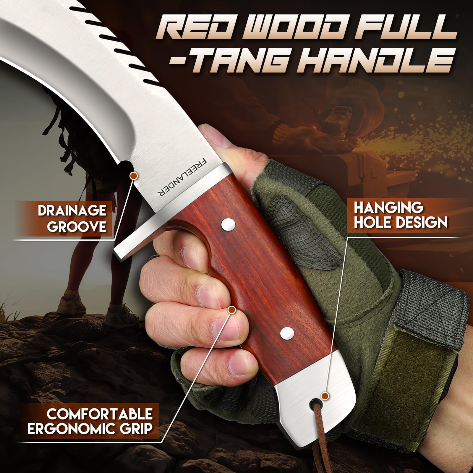 Freelander kukri ergonomic wood handle detail offering secure comfortable grip