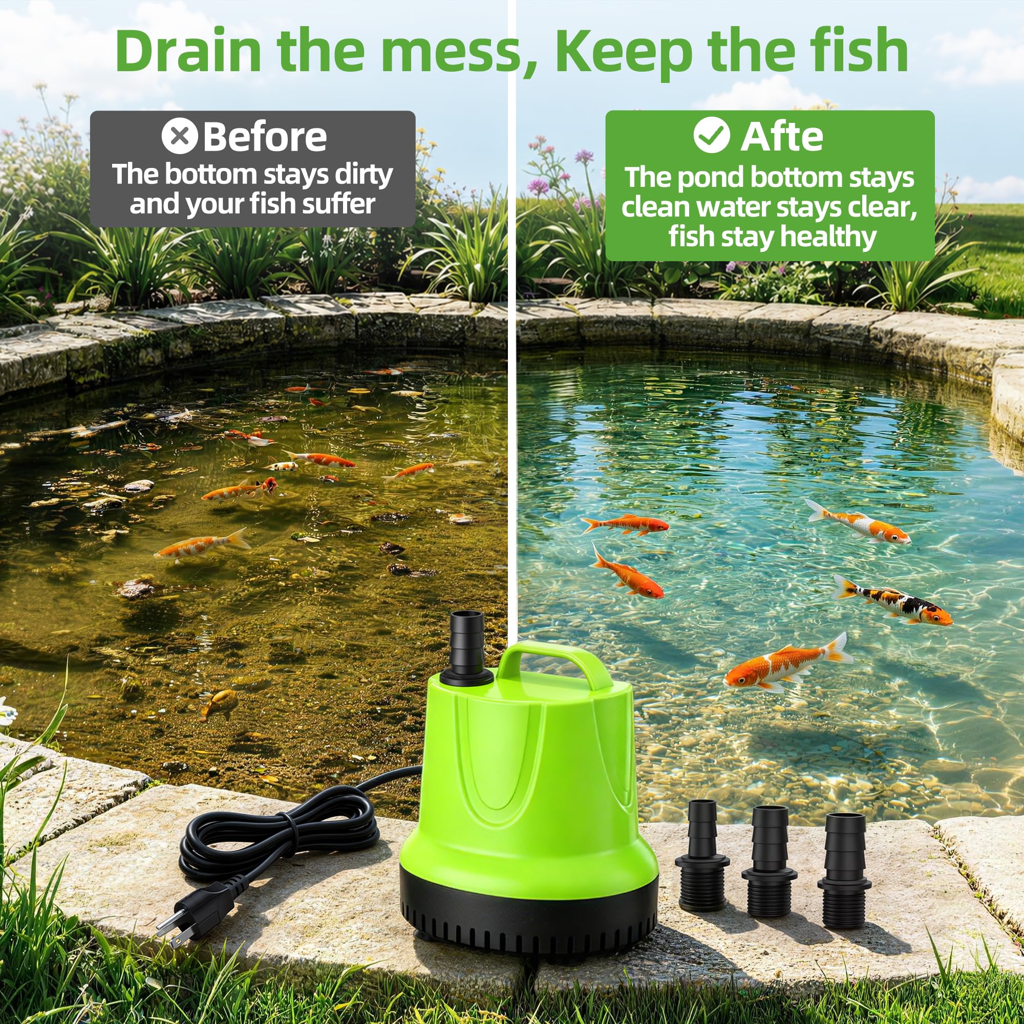 FREESEA bottom-suction intake detail illustrating low-water drainage down to 0.2 inches