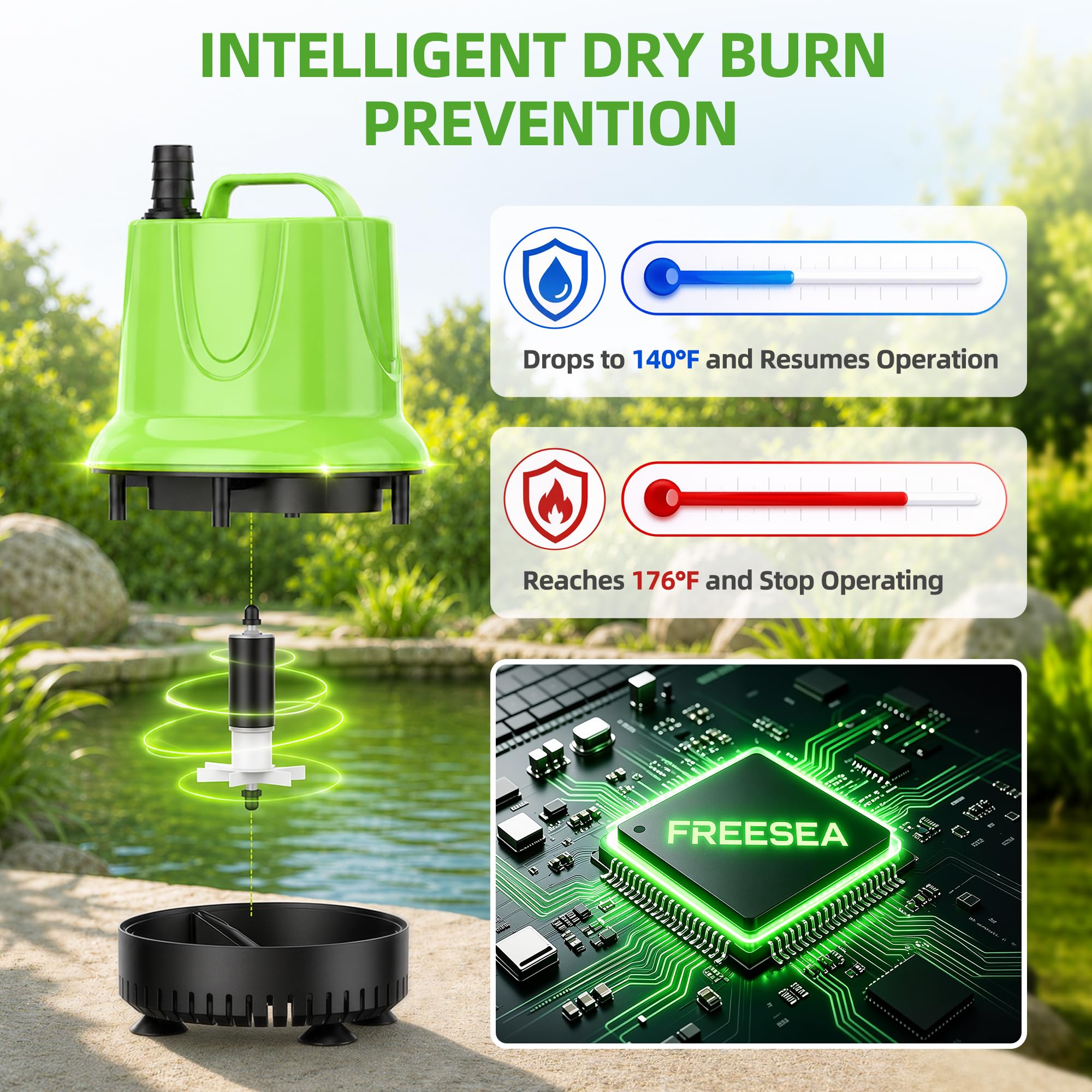 FREESEA pump installed in a small pond showing steady circulation and aesthetic benefit
