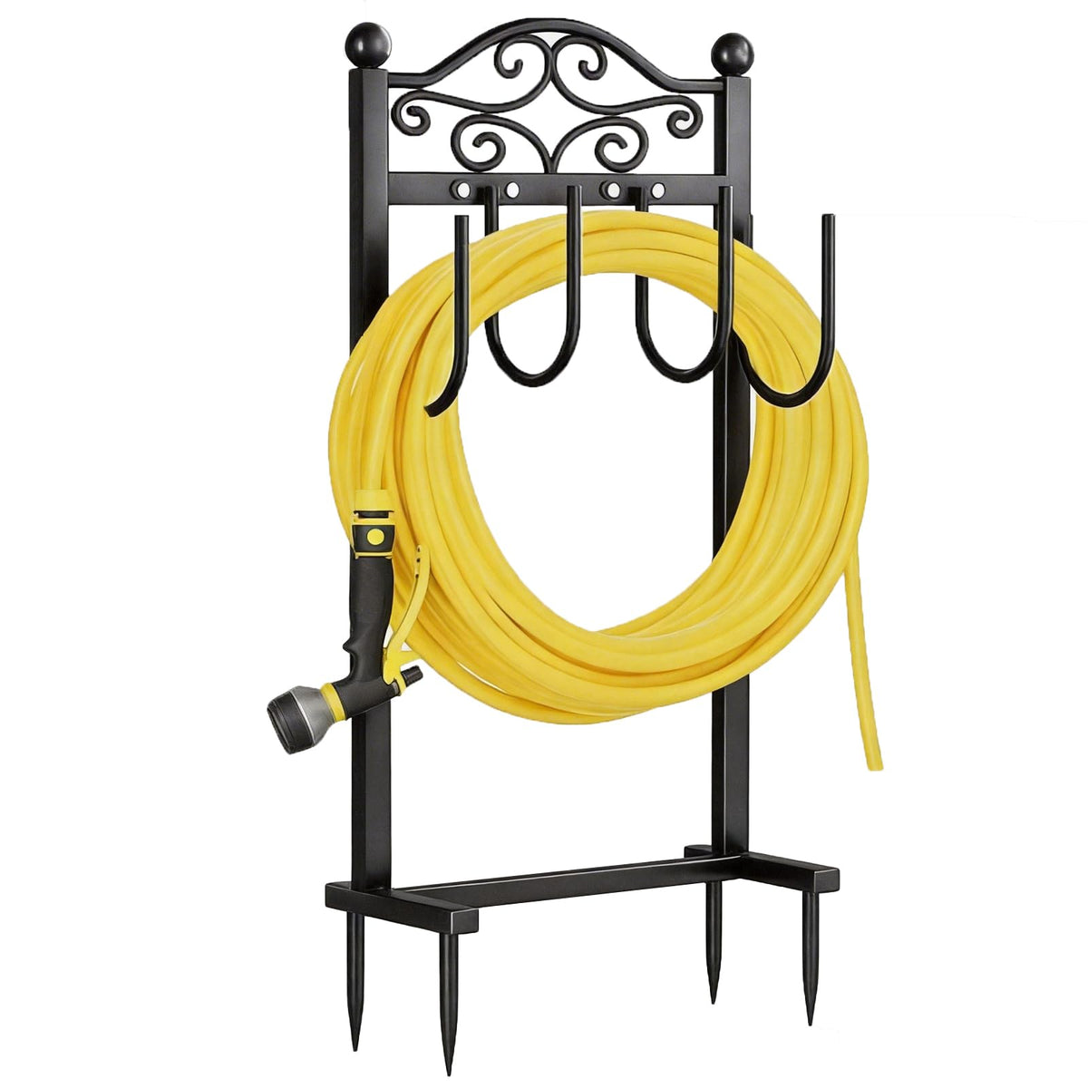 Freexployer front view of hose holder showing neat hose storage and tidy yard benefit