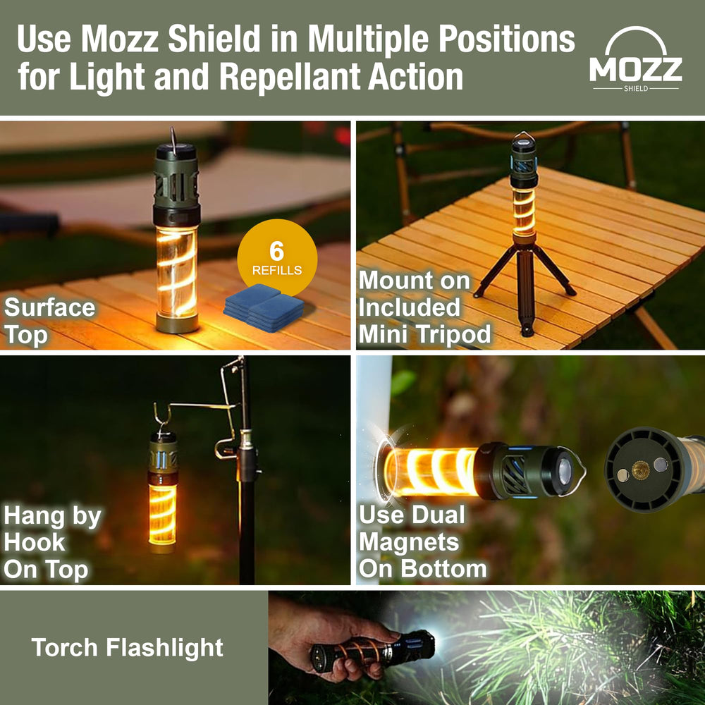 FREEZE2TRIM hanging in tent interior providing overhead light and nearby insect repellent protection