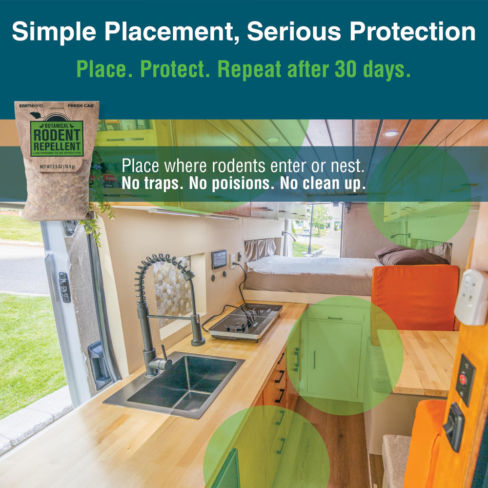 Fresh Cab pouch on garage shelf protecting tools and stored items from rodents benefit