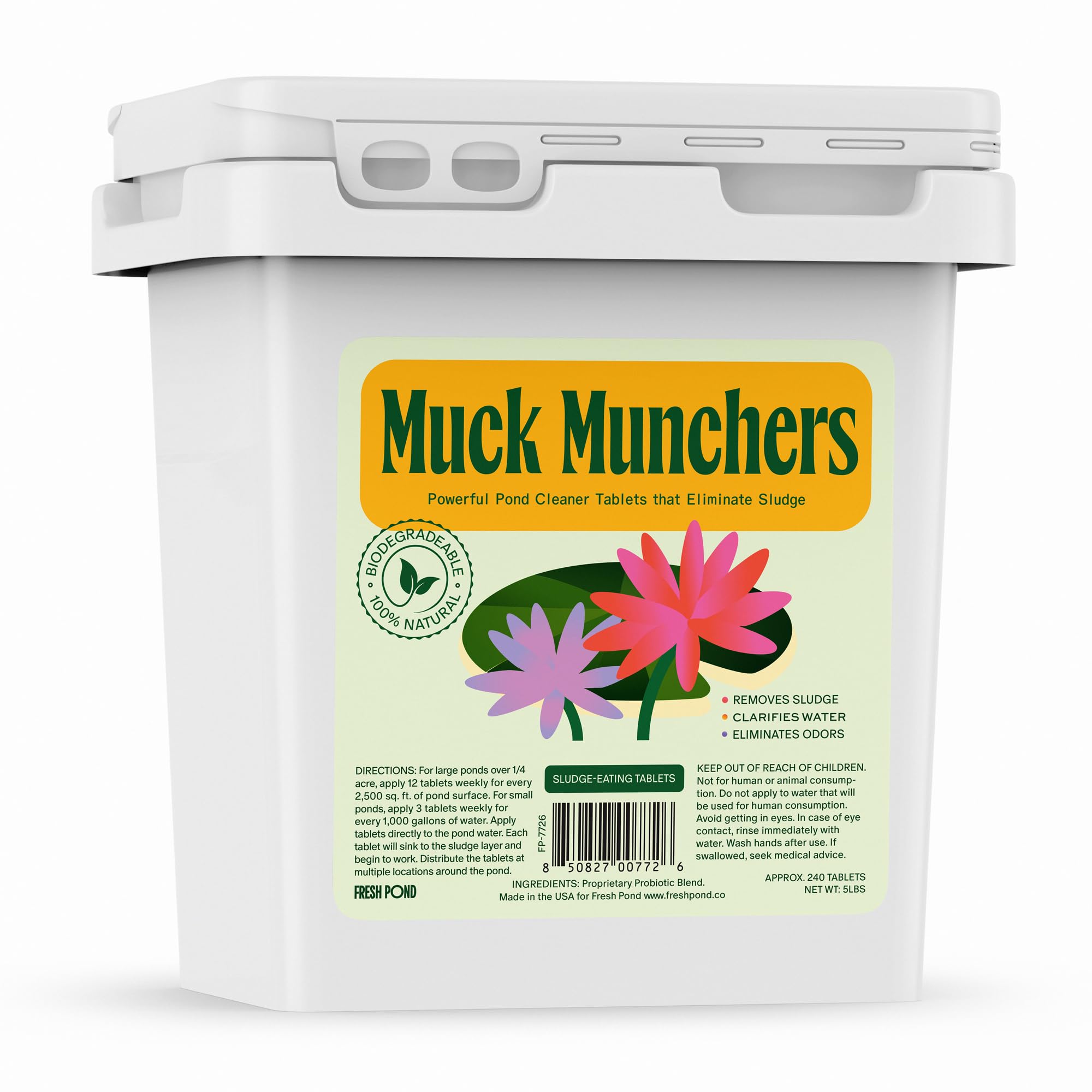 Fresh Pond front packaging showing 5 lb bucket and product benefit