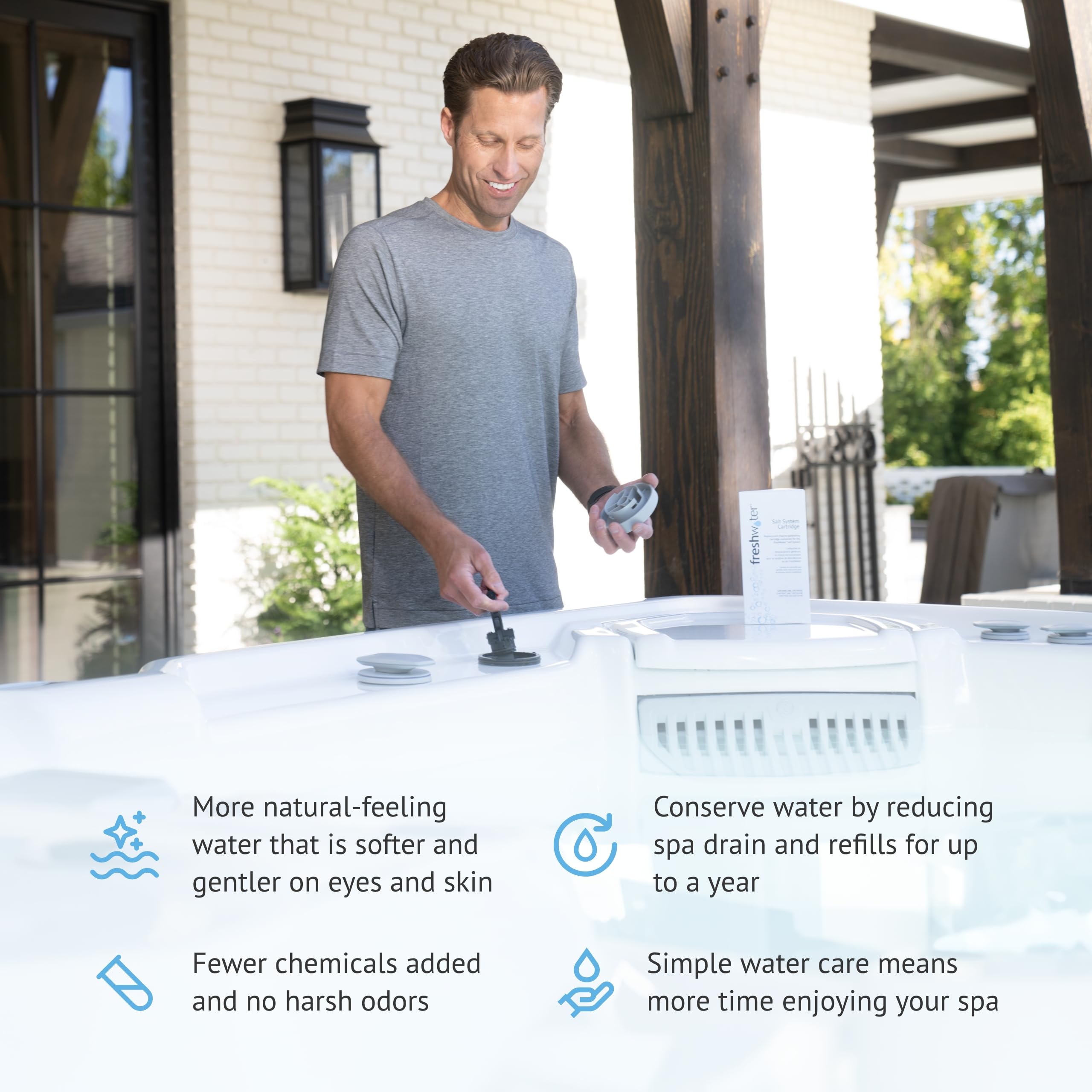 FreshWater cartridge installed in a hot tub showing quick swap and maintenance ease