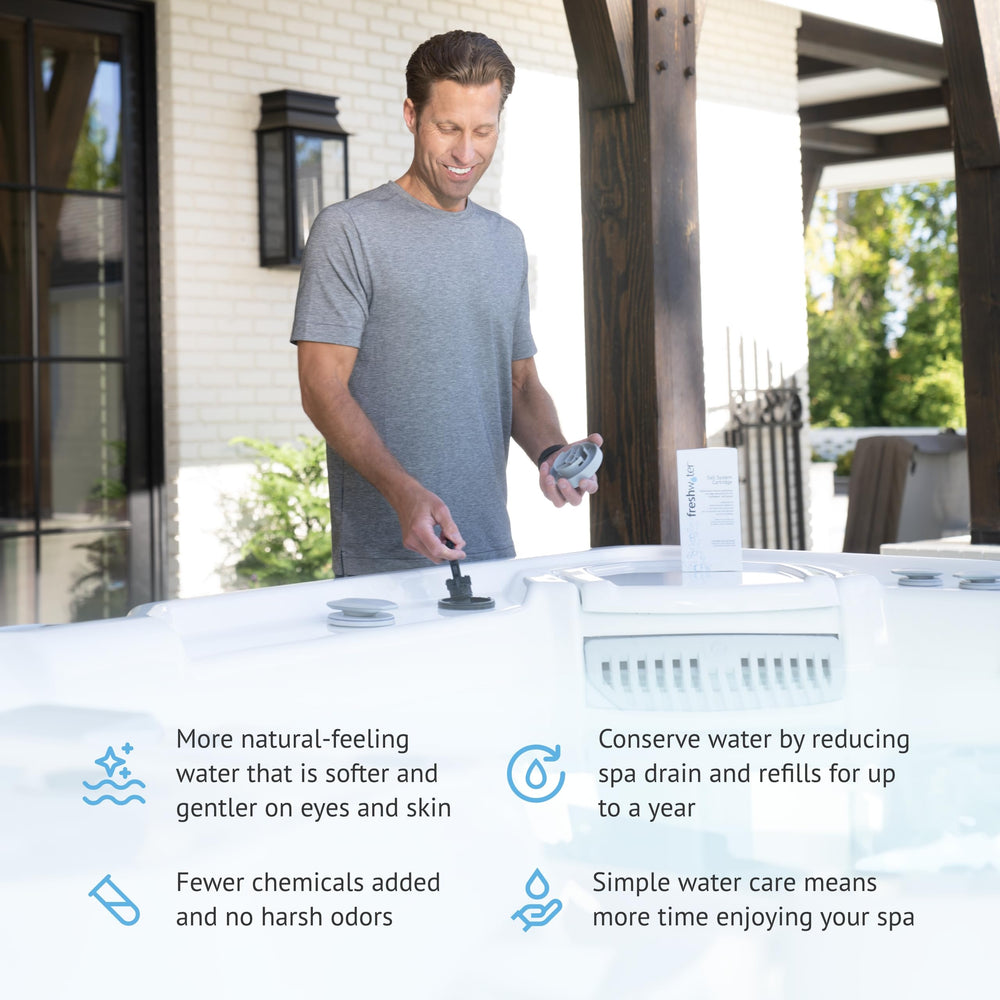 FreshWater cartridge installed in a hot tub showing quick swap and maintenance ease
