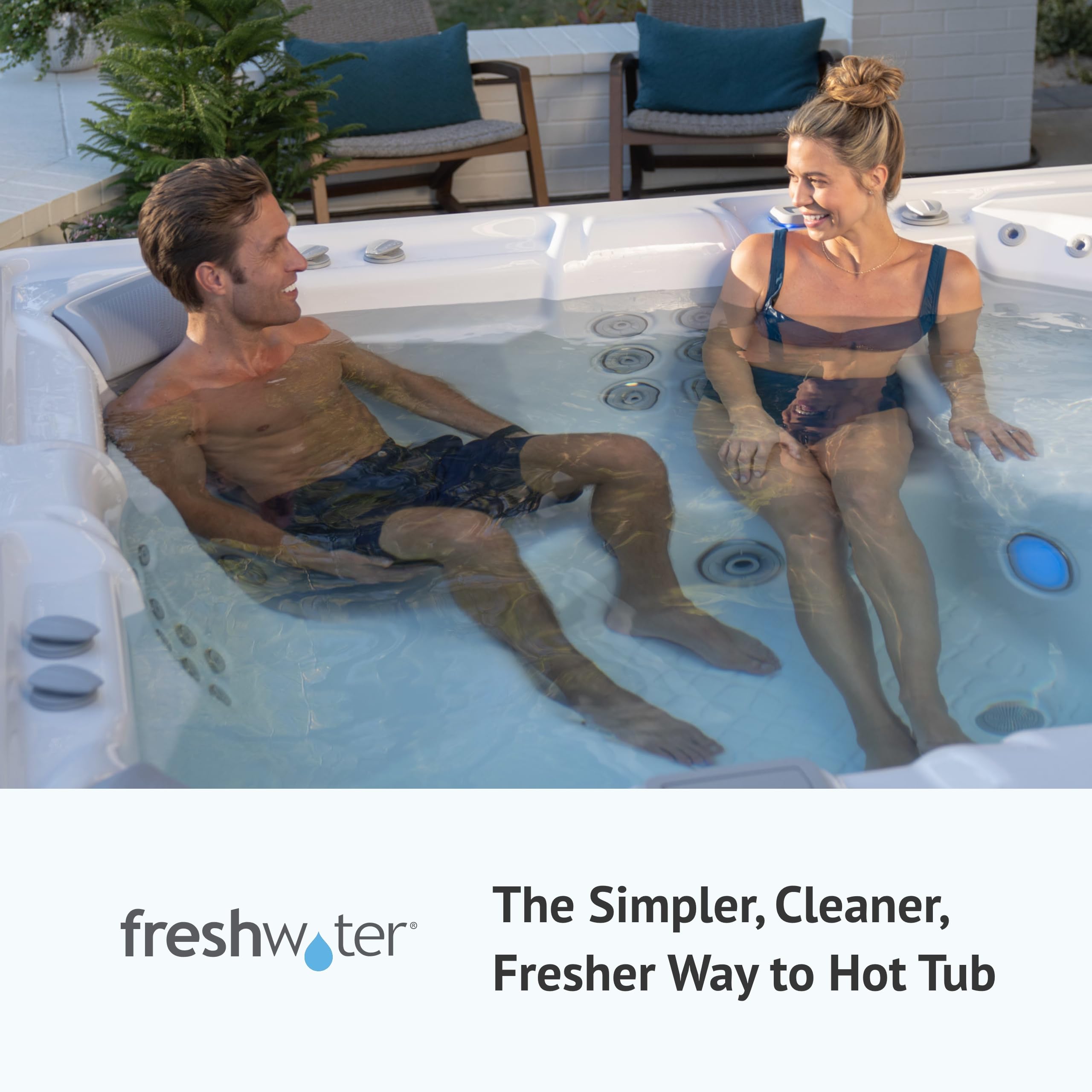 FreshWater cartridge in a backyard spa setting showing relaxing water quality benefits