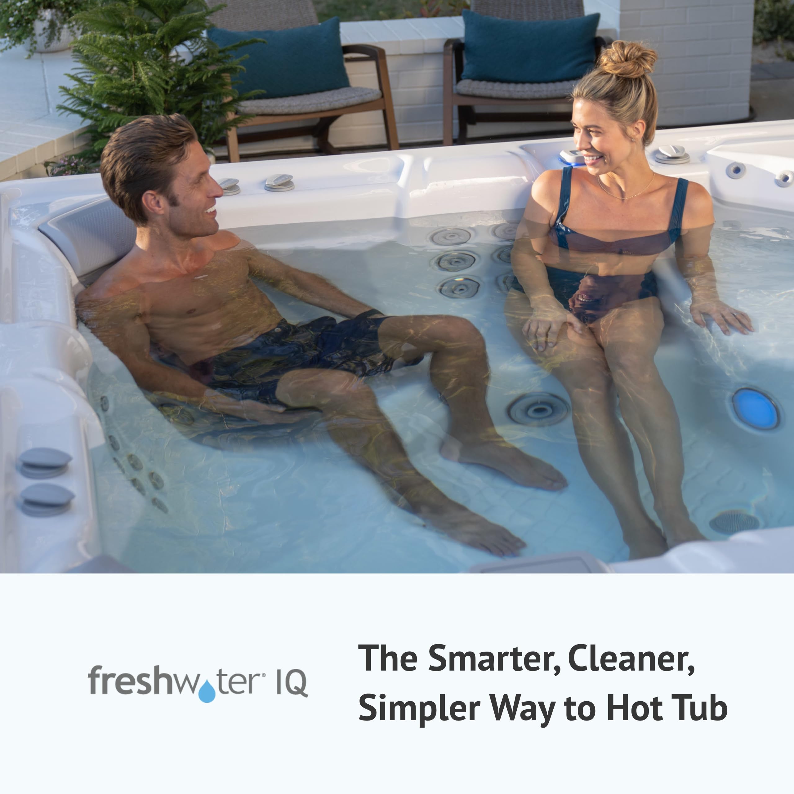 FreshWater sensor near backyard hot tub depicting cleaner, natural-feeling water