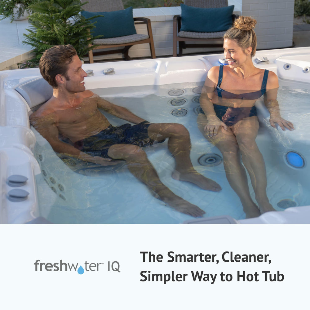 FreshWater sensor near backyard hot tub depicting cleaner, natural-feeling water