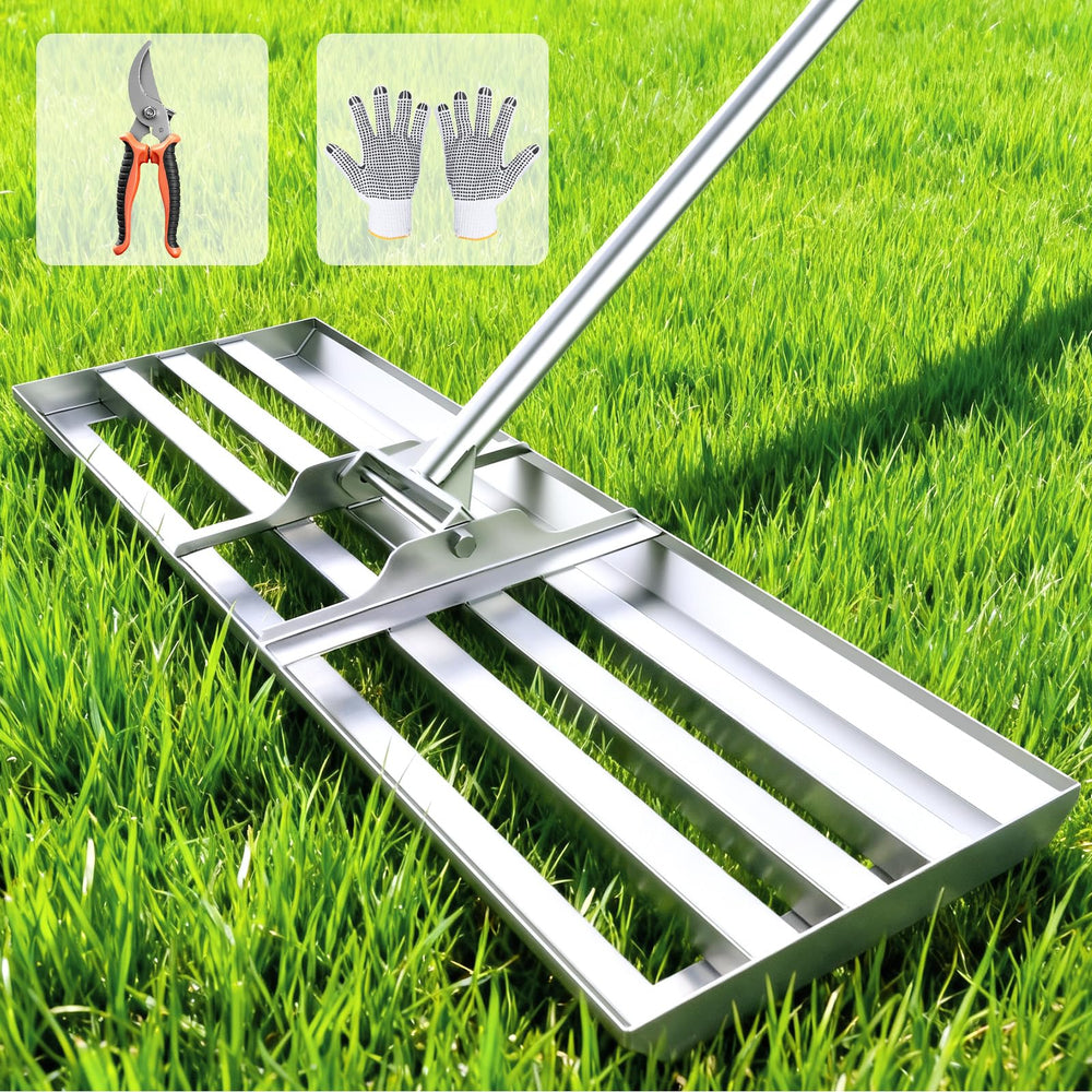 FRIDOU front view of stainless leveling rake showing wide plate for fast coverage