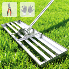 FRIDOU front view of stainless leveling rake showing wide plate for fast coverage