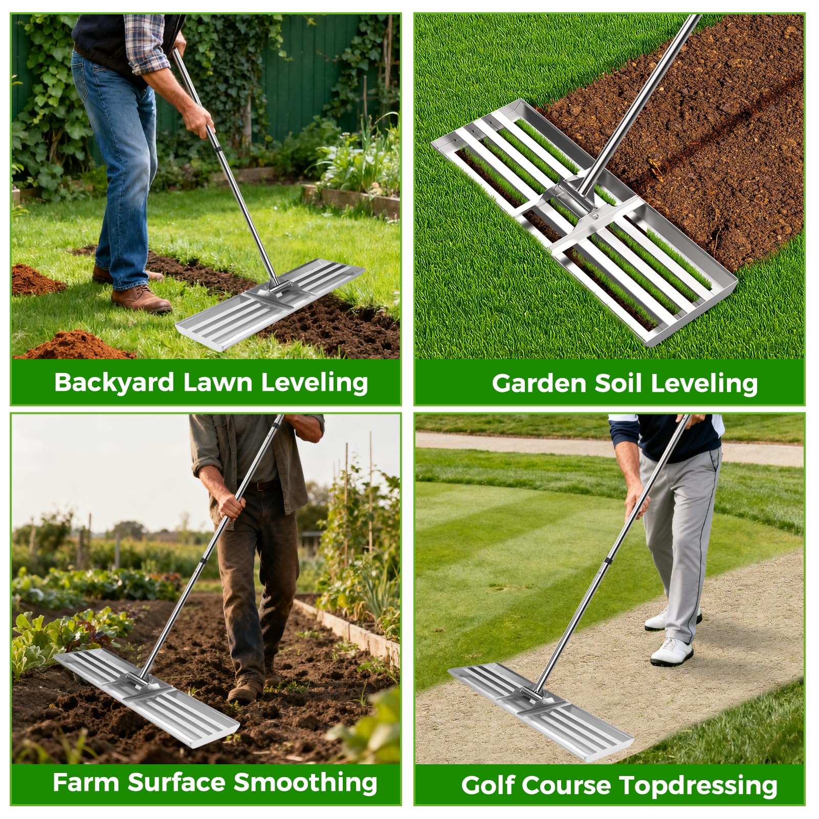 FRIDOU rake next to common tools showing 30-inch width and 78-inch reach