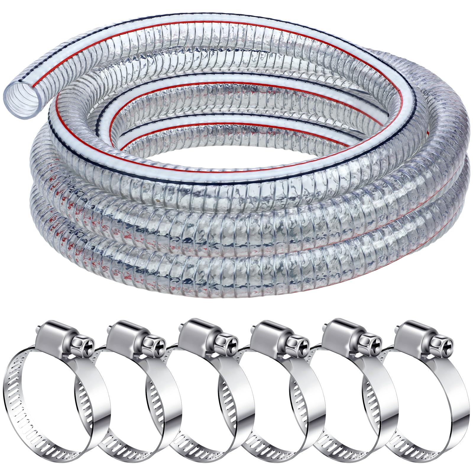 Frienda front view of 1.5 inch hose showing clear tubing and included clamps for durable connections