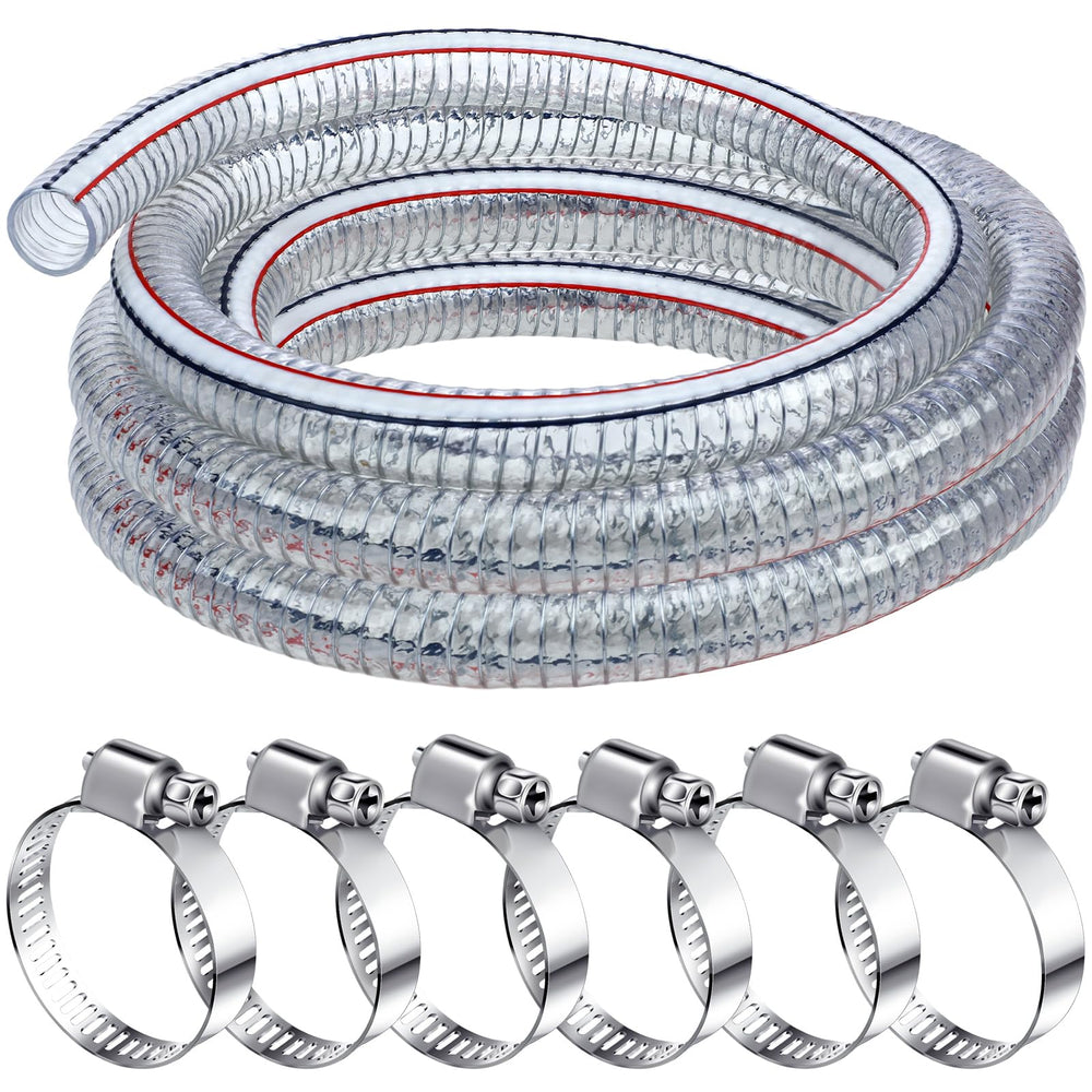 Frienda front view of 1.5 inch hose showing clear tubing and included clamps for durable connections