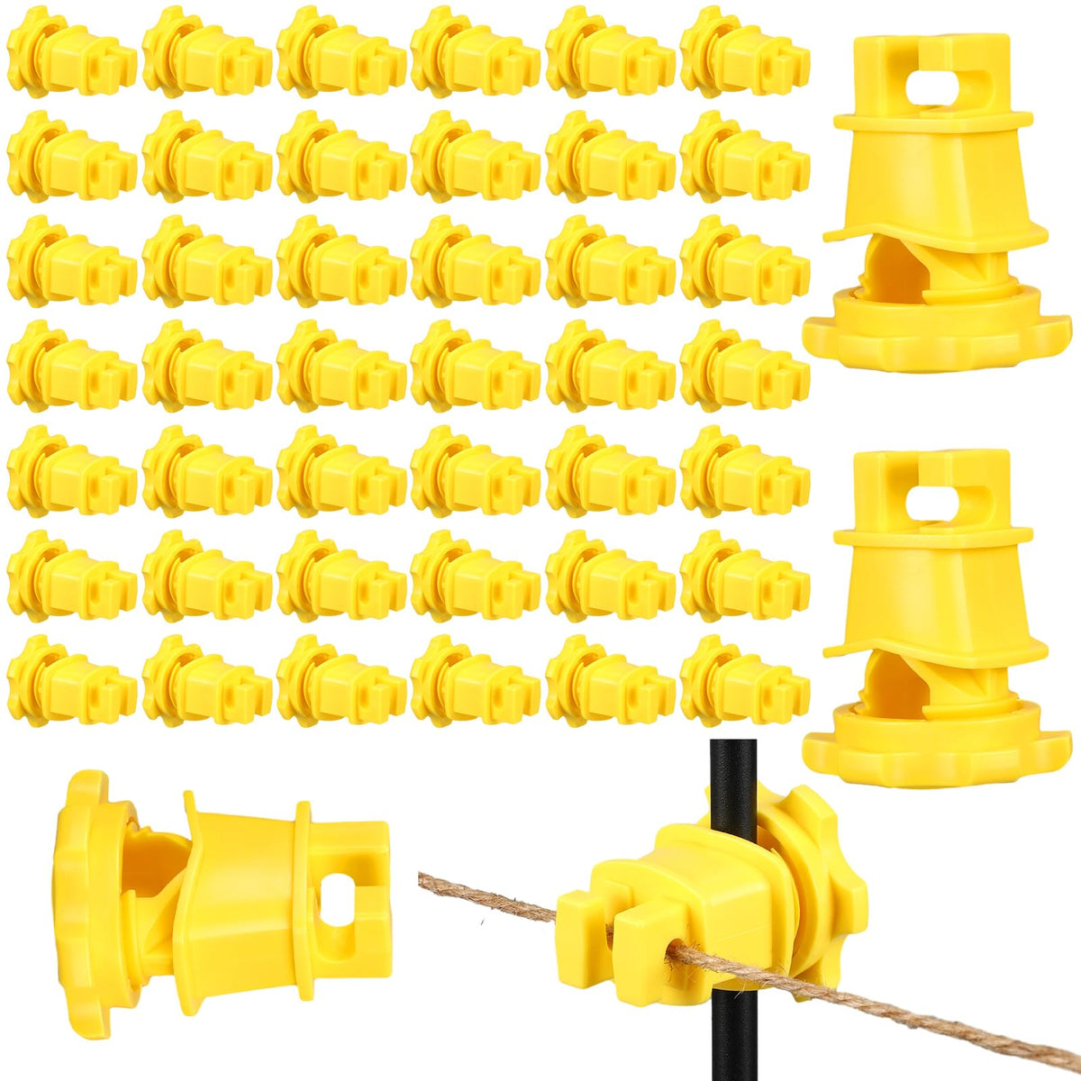 Frienda front view of 100-pack yellow screw-in insulators showing bulk packaging and visibility benefit