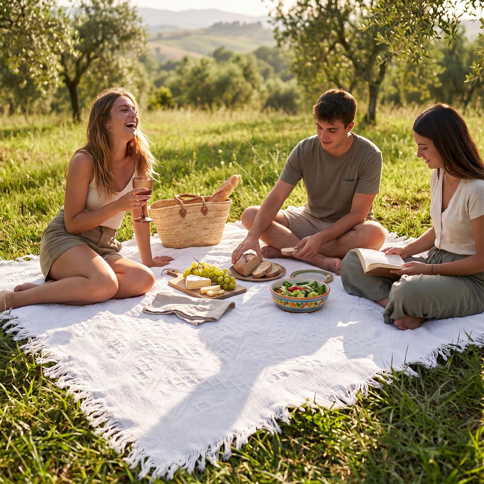 Frienda blanket laid on grass with picnic setup showing outdoor use