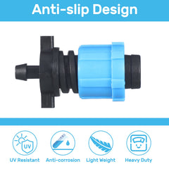 Frienda connector installed on 5/8 inch drip tape showing sealed joint for efficient watering