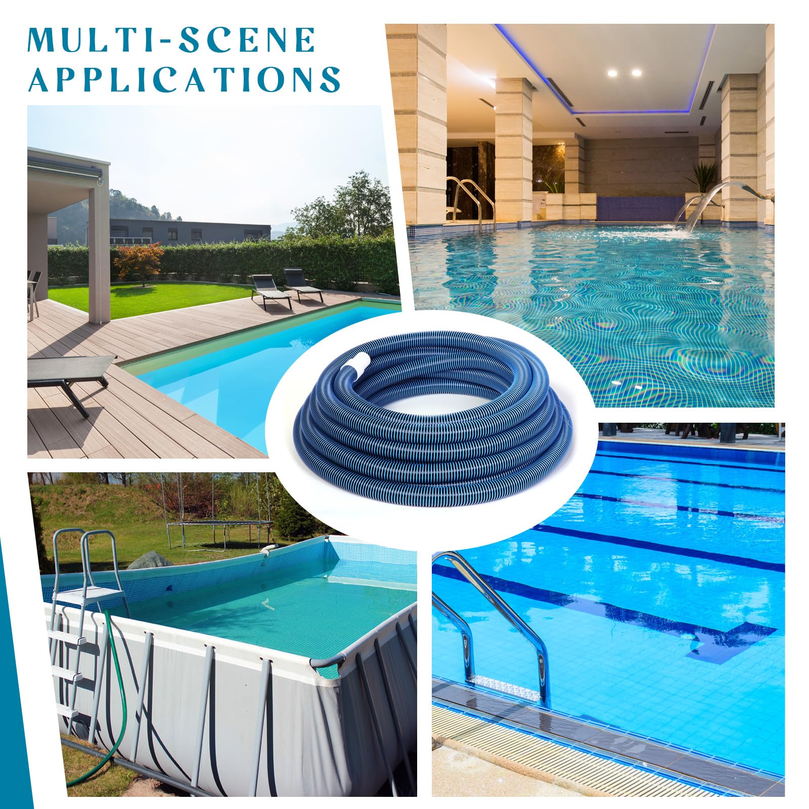 Frienda hose rolled out beside pool showing full 60ft reach benefit