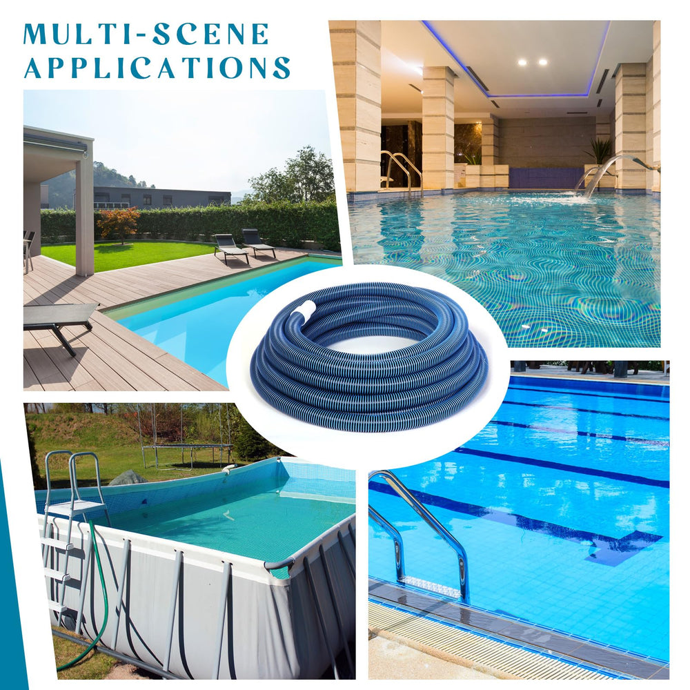 Frienda hose rolled out beside pool showing full 60ft reach benefit