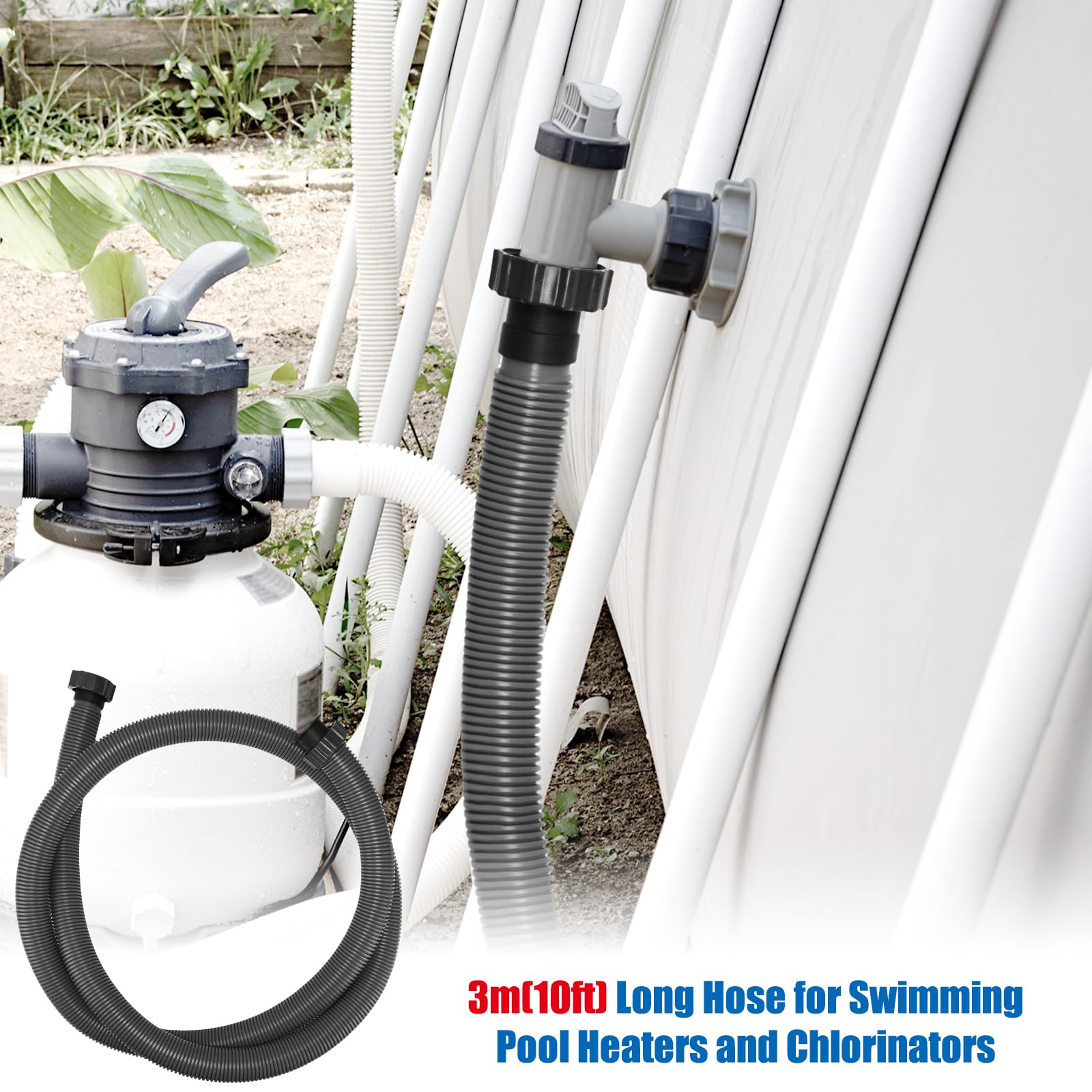 Frienda hose routed around backyard pool showing tidy professional appearance benefit