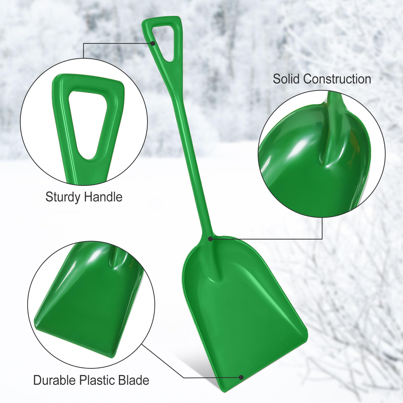 Frienda shovel blade edge detail showing sturdy plastic and smooth snow release benefit