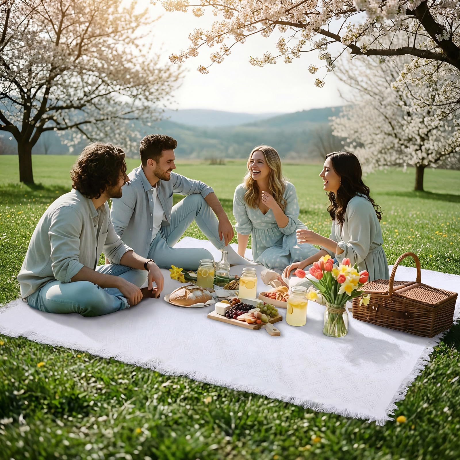 Frienda blanket beside people showing scale benefit: extra-large coverage for groups