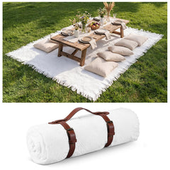 Frienda blanket front view showing full white coverage and boho fringe benefit: stylish large surface