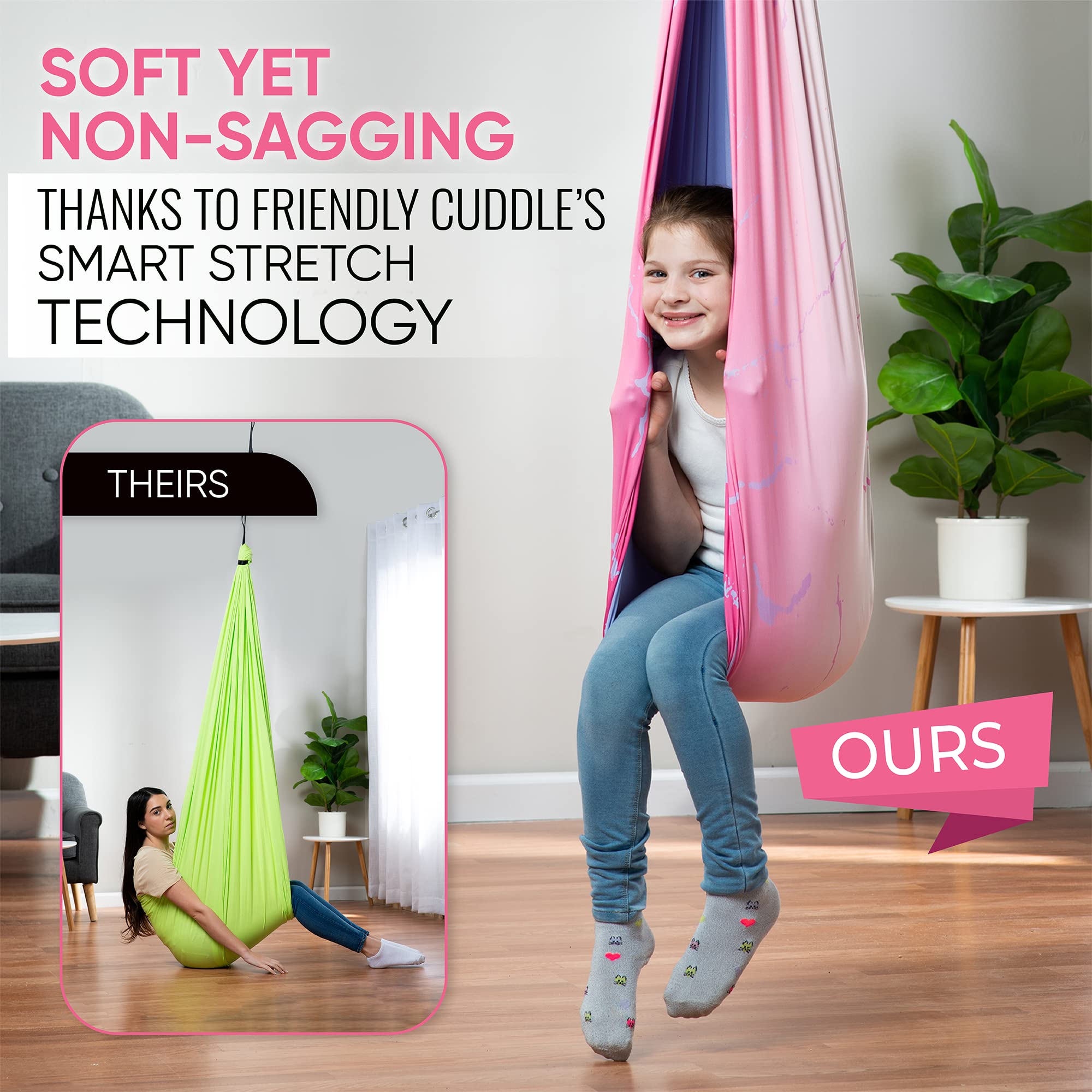 FRIENDLY CUDDLE child reading in swing highlighting focused quiet-time benefit