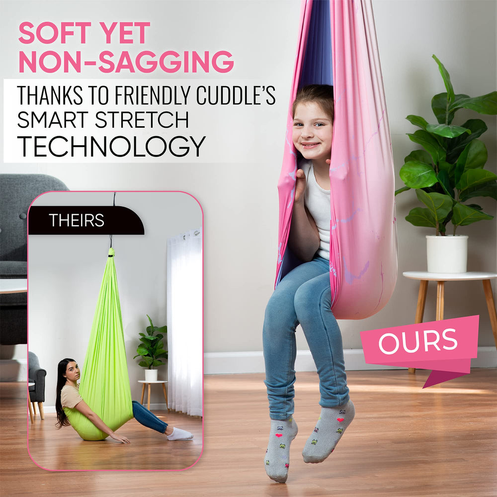 FRIENDLY CUDDLE child reading in swing highlighting focused quiet-time benefit