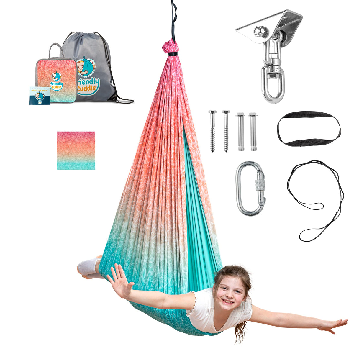 FRIENDLY CUDDLE front packaging showing pod swing and included kit, highlights convenience