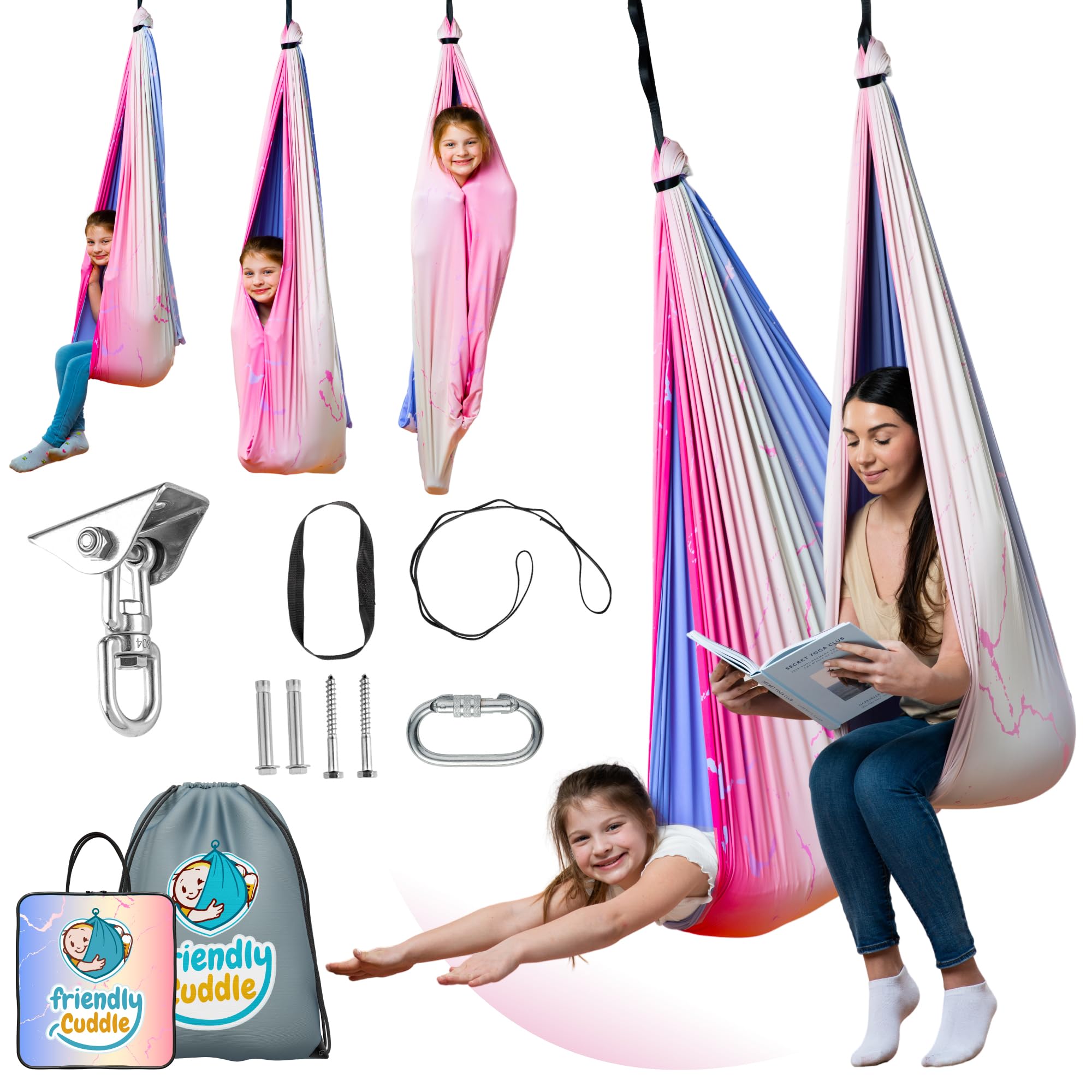 FRIENDLY CUDDLE front view pod swing showing cozy enclosed design benefit