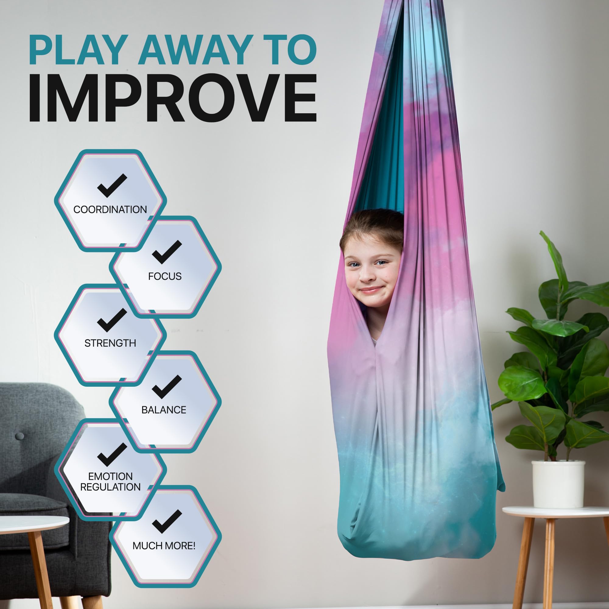 FRIENDLY CUDDLE interior view showing roomy hammock for secure sensory cocooning