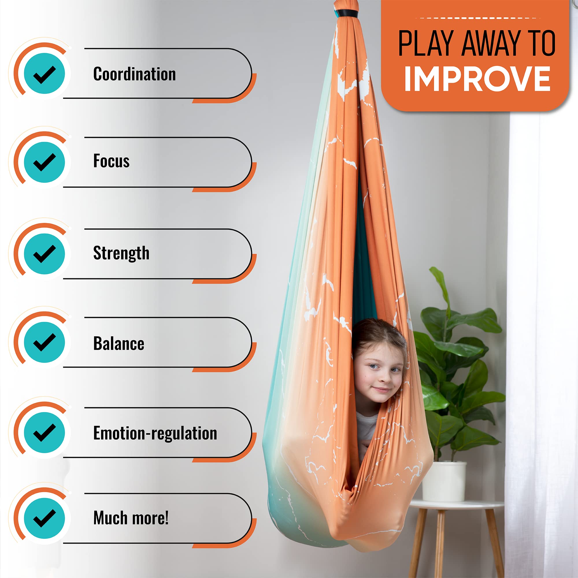FRIENDLY CUDDLE child reading in swing showing calm focus and play benefit